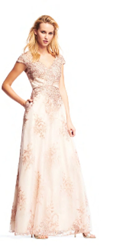 Aidan Mattox Cap Sleeve Evening Gown In Blush