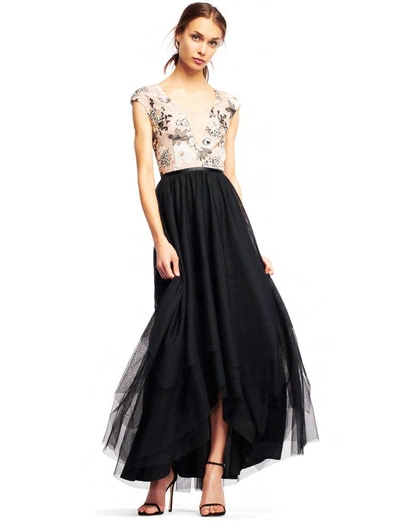 Aidan Mattox Aidan By  Black And Nude Cap Sleeve Evening Gown In Black/nude