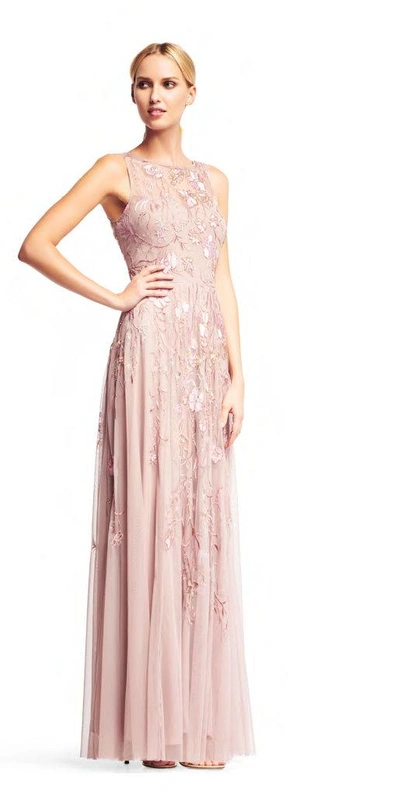 Aidan Mattox Sleeveless Floral Evening Gown In Taupe