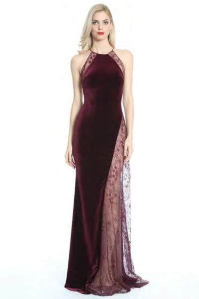 Badgley Mischka Red Sleeveless Velvet Lace Evening Gown In Merlot