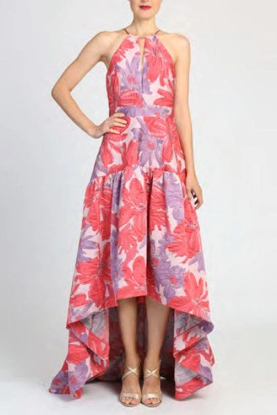 Badgley Mischka Sleeveless Coral Floral High Low Gown In Coral Multi
