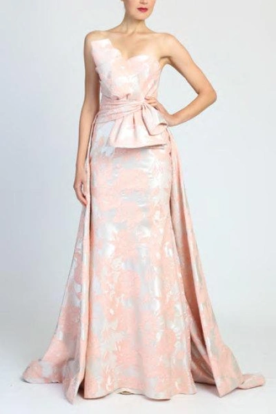 Badgley Mischka Strapless Floral Jacquard Evening Gown In Peach