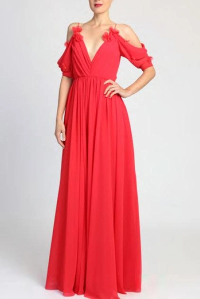 Badgley Mischka Red Short Sleeve Evening Gown In Fire Red