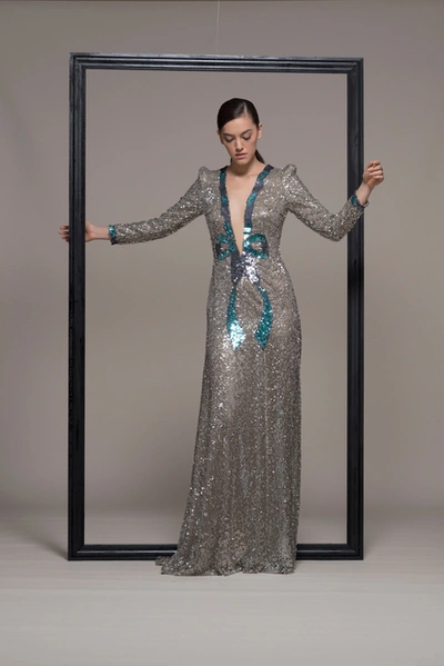 Isabel Sanchis Long Sleeve Sequin Evening Gown