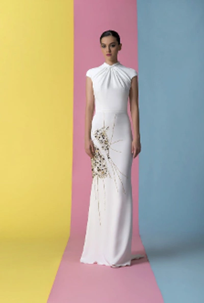 Isabel Sanchis Embroidered Cap Sleeve Casper Evening Gown In White/ivory