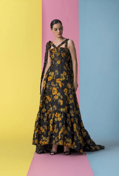 Isabel Sanchis Black Sleeveless Floral Dave Evening Gown