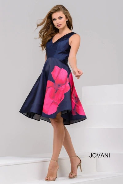 Jovani Floral Detail Party Dress In Navy
