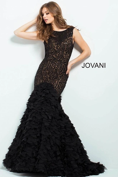 Jovani Black Embellished Backless Mermaid Gown In Black/nude