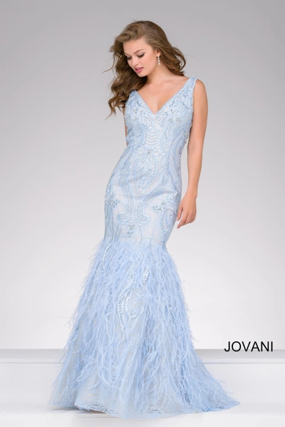 Jovani Feather Hem Mermaid Gown In Blue/nude