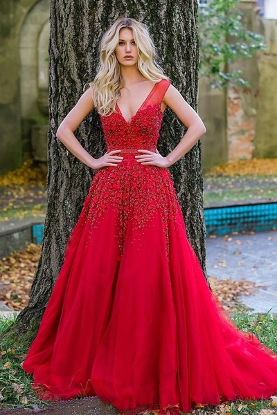 Jovani Red Lace Applique V Neck Couture Dress