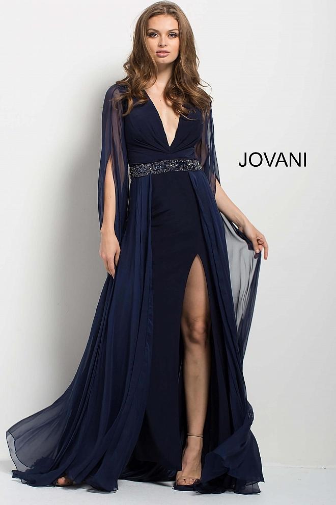 Jovani Navy Embellished Belt Long Sleeve Chiffon Evening Dress In Navy ...