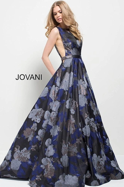 Jovani Navy Print Backless High Neck A-line Gown In Navy Blue