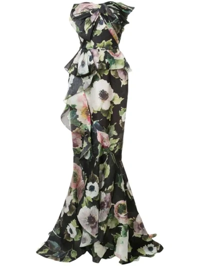 Marchesa Couture Black Strapless Floral Peplum Evening Gown