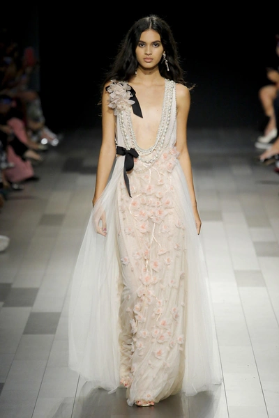 Marchesa Couture Pink Sleeveless Plunging Neckline Draped Tulle Gown In Pale Pink