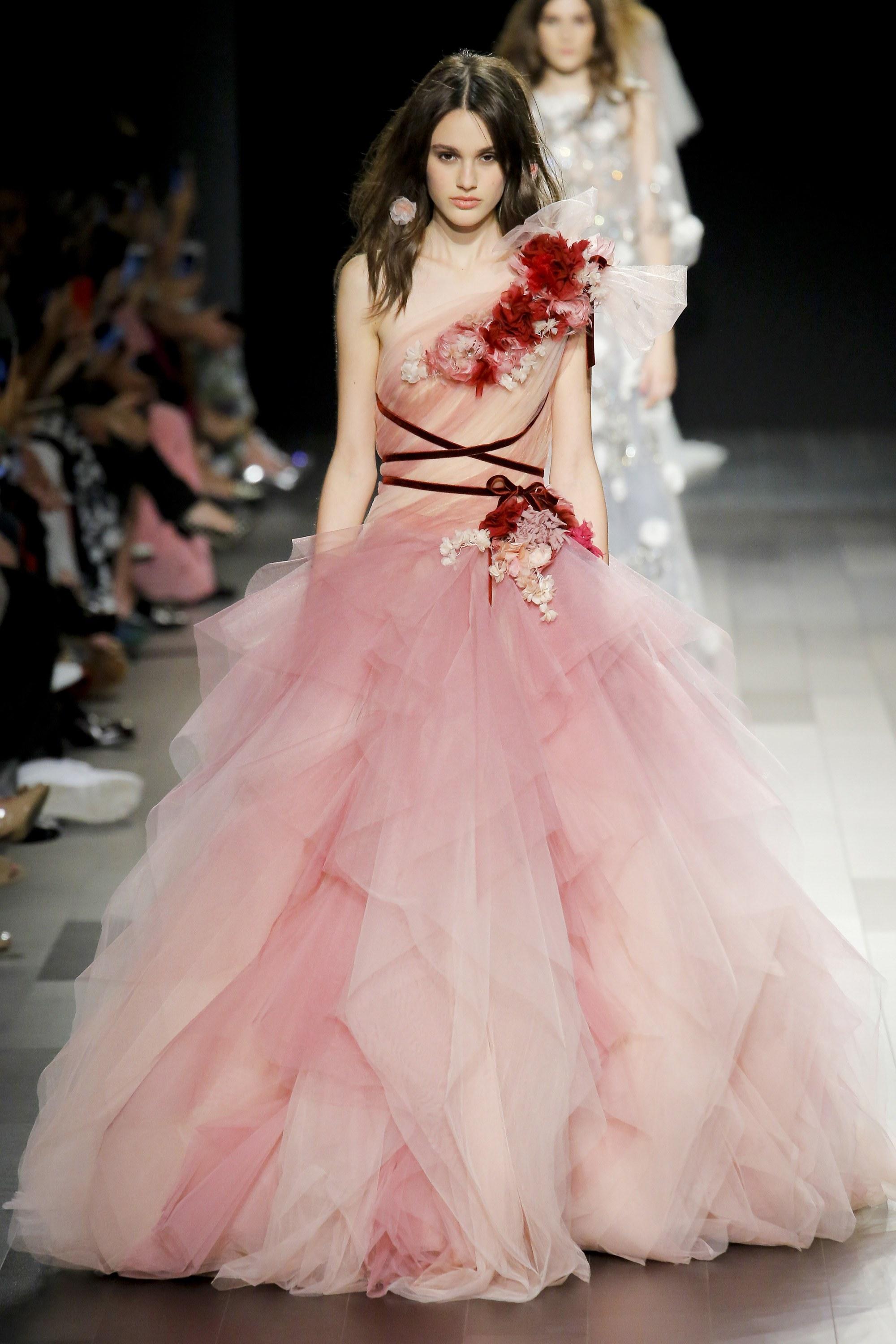 Marchesa Couture One Shoulder Blush To Rose Ombre Tulle Ball Gown