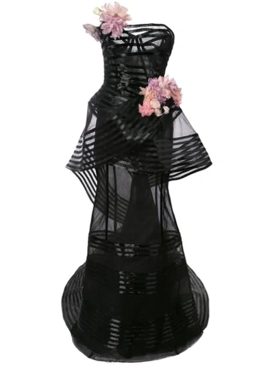 Marchesa Couture Black Strapless Tulle Corseted Gown