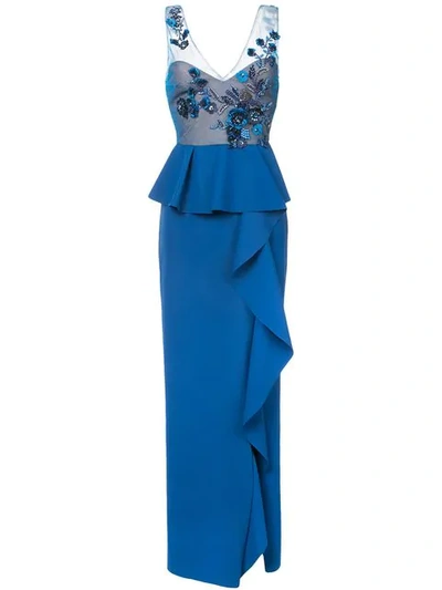 Marchesa Notte Embroidered Sequined Column Gown In Blue