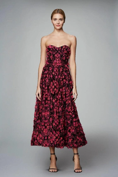 Marchesa Notte Strapless 3d Floral Embroidered Tea Dress In Fuchsia