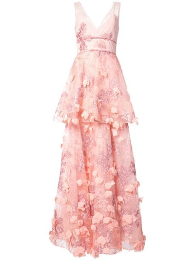 Marchesa Notte Pink Sleeveless 3d Embroidered Gown