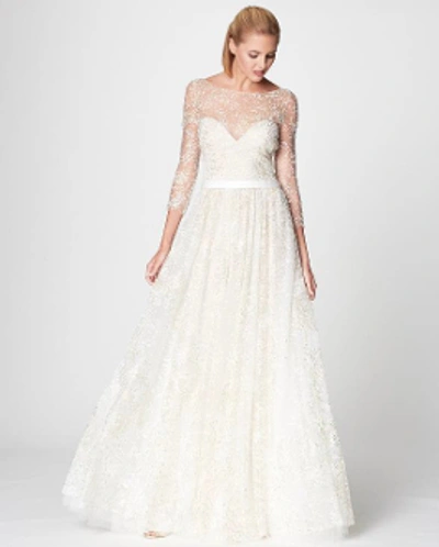 Marchesa Notte ¾ Sleeve Ivory Glitter Tulle Gown N17g0473