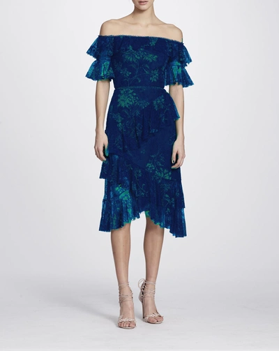 Marchesa Notte Fall/winter 2018  Off The Shoulder Floral Cocktail Dress In Navy Blue