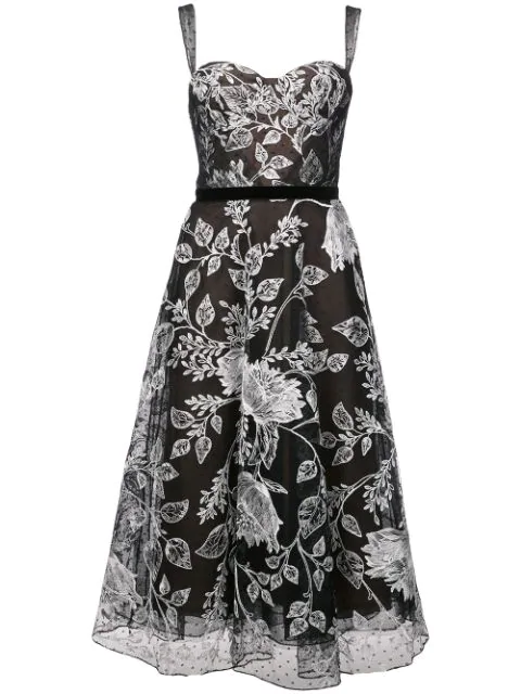Marchesa Notte Floral Embroidered Flared Dress In Black Modesens