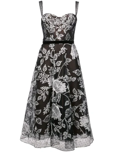 Marchesa Notte Floral Embroidered Flared Dress In Black
