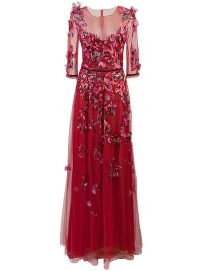 Marchesa Notte Embroidered Floral Tulle Gown In Red
