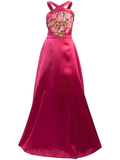 Marchesa Notte Embroidered Halterneck Ball Gown In Pink