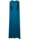 Marchesa Notte Cape-effect Embroidered Gown In Blue