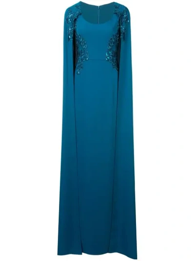 Marchesa Notte Cape-effect Embroidered Gown In Blue