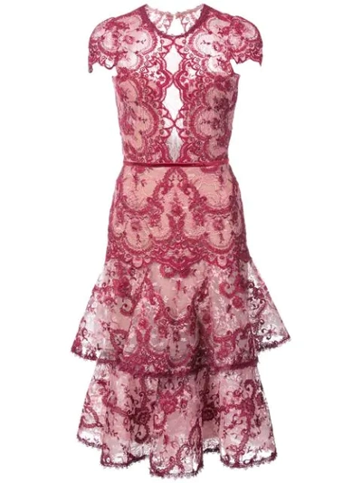 Marchesa Notte Cap Sleeve Embroidered Cocktail Dress In Pink