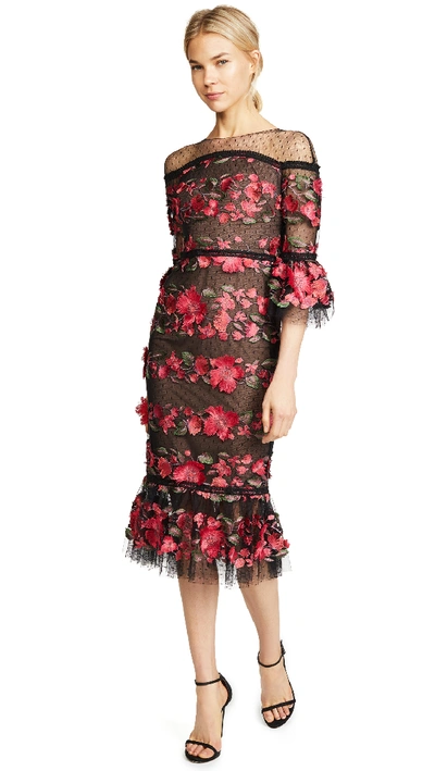 Marchesa Notte Quarter-sleeve Floral Embroidered Cocktail Dress In Black/red