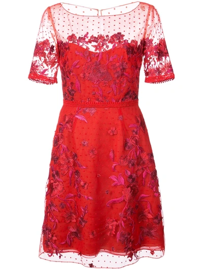 Marchesa Notte Embroidered Point D'esprit Mini Dress In Red