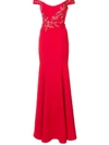 Marchesa Notte Red Off Shoulder Stretch Crepe Evening Gown