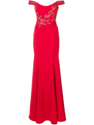 Marchesa Notte Red Off Shoulder Stretch Crepe Evening Gown