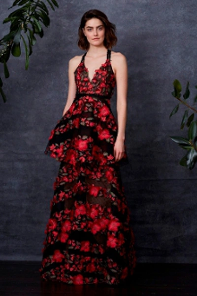 Marchesa Notte Sleeveless Floral Embroidered Tiered Gown In Black/red