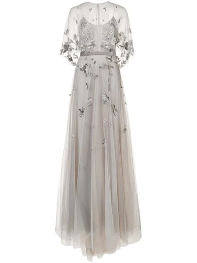 Marchesa Notte Embroidered Cape Gown In Silver