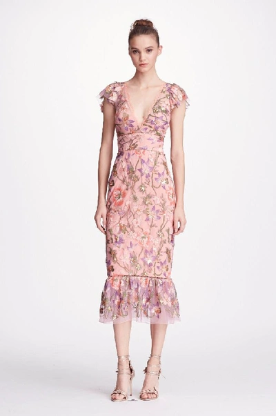 Marchesa Notte Pink Cap Sleeve Floral Midi Tea Dress In Lilac