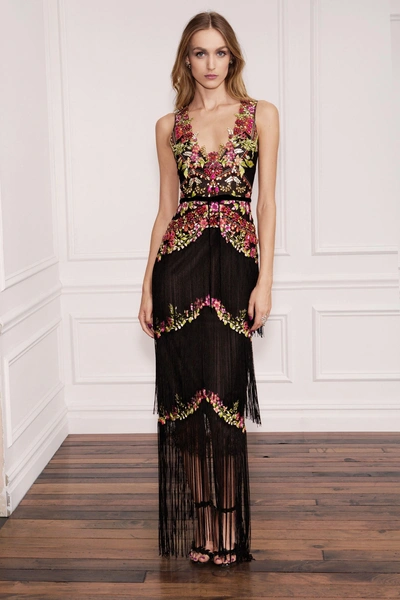 Marchesa Notte Black Sleeveless Beaded Fringe Evening Gown In Pink