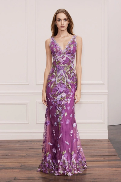 Marchesa Notte Blue Sleeveless Guipure Evening Gown