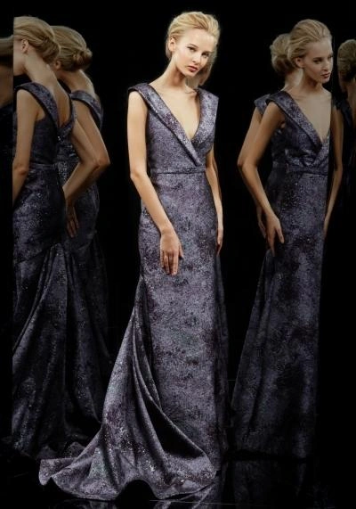 Pamella Roland Pamella By  Jacquard Evening Gown In Dusty Purple