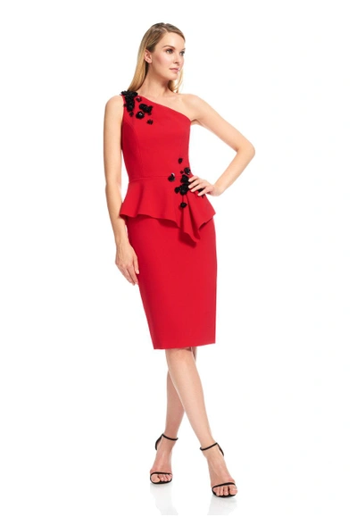 Theia Couture Red One Shoulder Cocktail Dress In Cherry/black