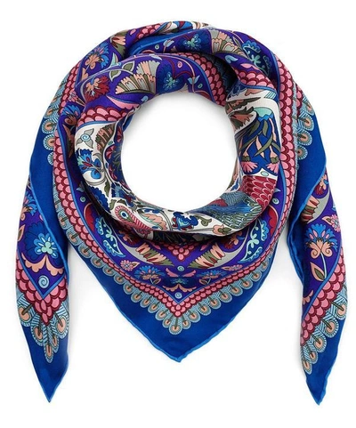 Liberty London Peacock Garden 70 X 70 Silk Scarf In Bright Blue