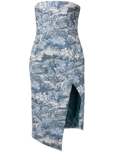 Off-white Tapestry Strapless Side-split Midi Dress In Blue