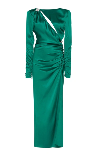 Alessandra Rich Ruched Crystal-embellished Silk-satin Midi Dress In Green