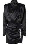 Alessandra Rich Embellished Open-back Ruched Satin Mini Dress In Black