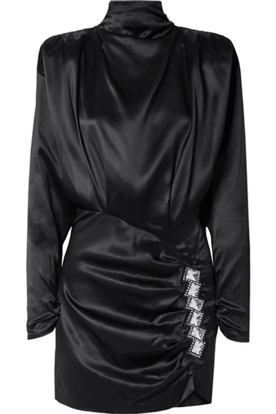 Alessandra Rich Embellished Open-back Ruched Satin Mini Dress In Black