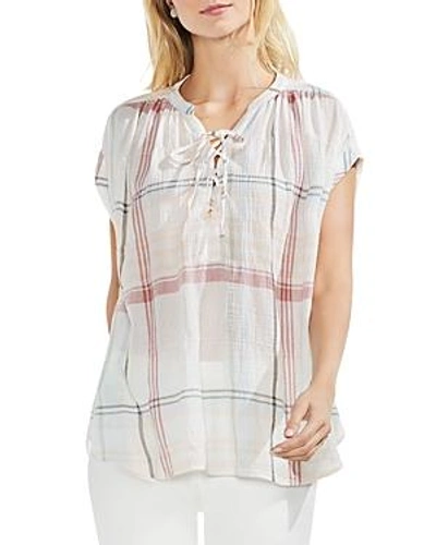 Vince Camuto Crinkled Plaid Lace-up Top In French Peach