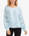 Vince Camuto Pleated Crochet-striped Top In Chalk Blue